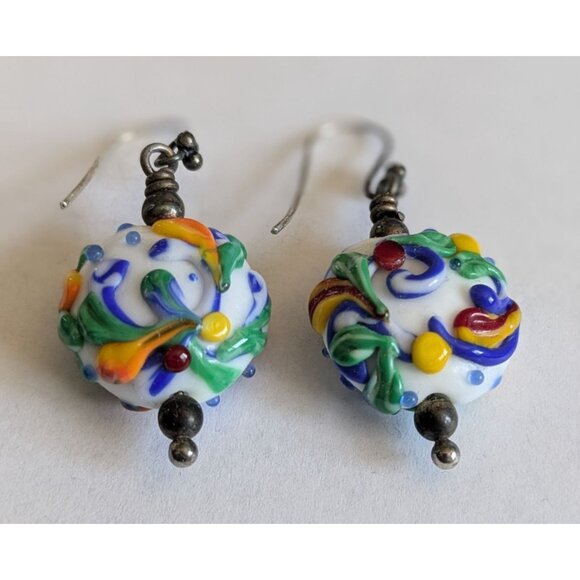 Hand Blown Glass Bead Earrings Colorful Swirls Sterling Silver Hooks - Picture 12 of 13
